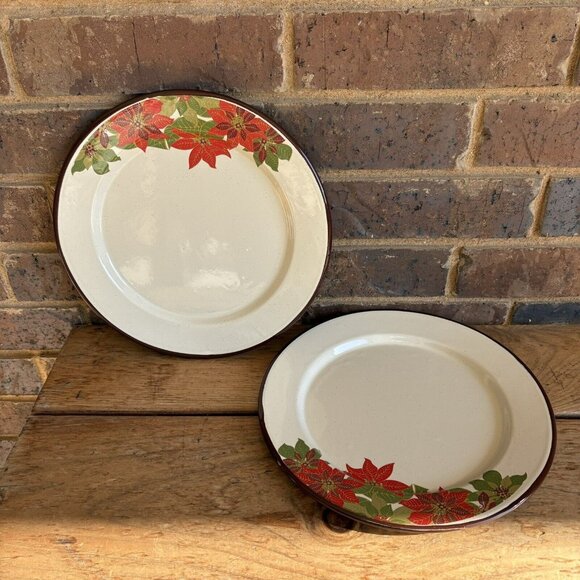 Enamelware Plates Christmas Poinsettia Set Of 2 Unbranded 11 Inch - Picture 1 of 4